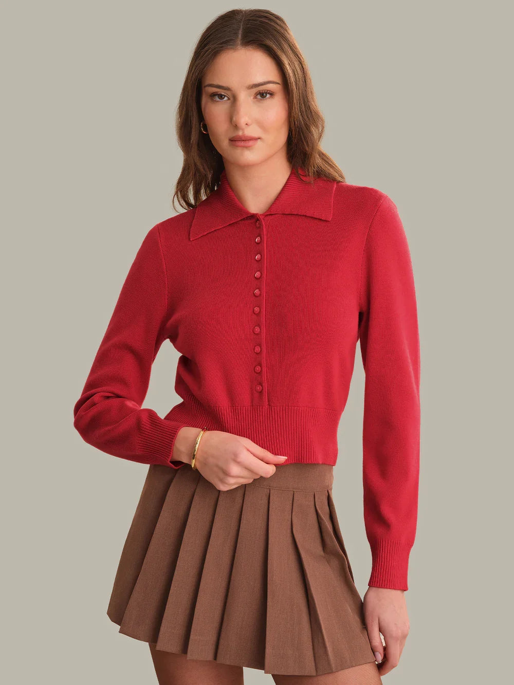 Placket Collared Pullover Top, True Red