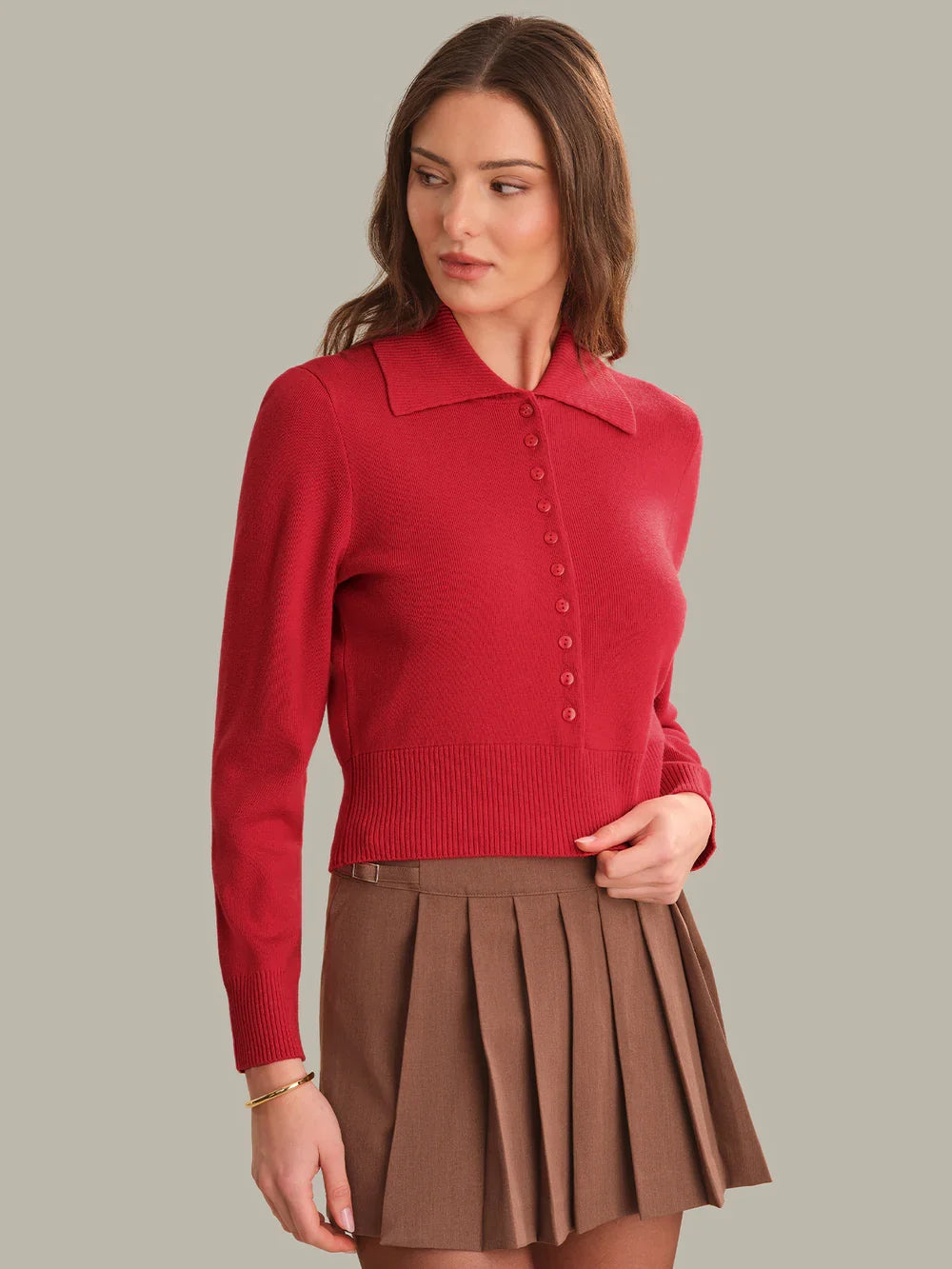 Placket Collared Pullover Top, True Red