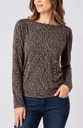 Long Sleeve Jewel Neck Knit Top with Shirring