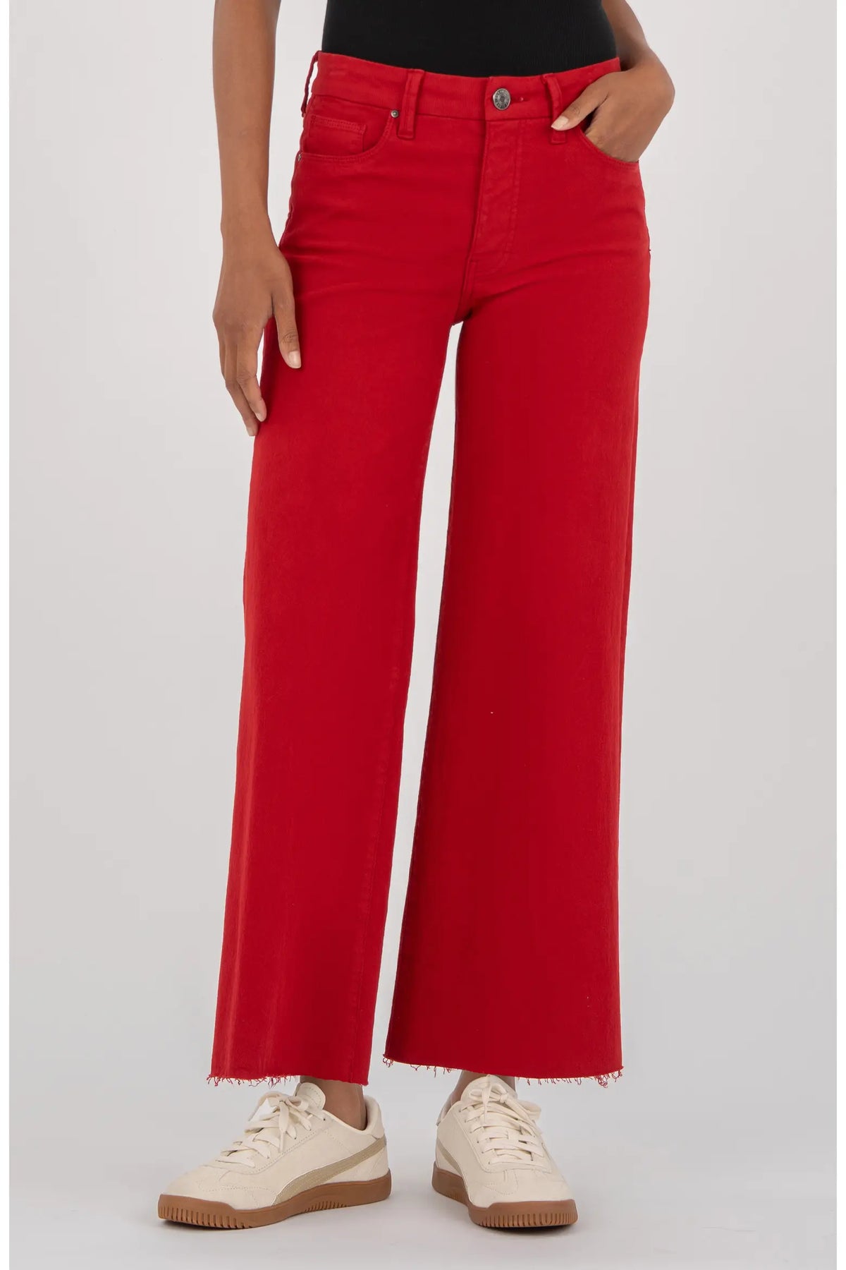 Meg Fab Ab Raw Hem High Waist Ankle Wide Leg Jeans, Ruby Red