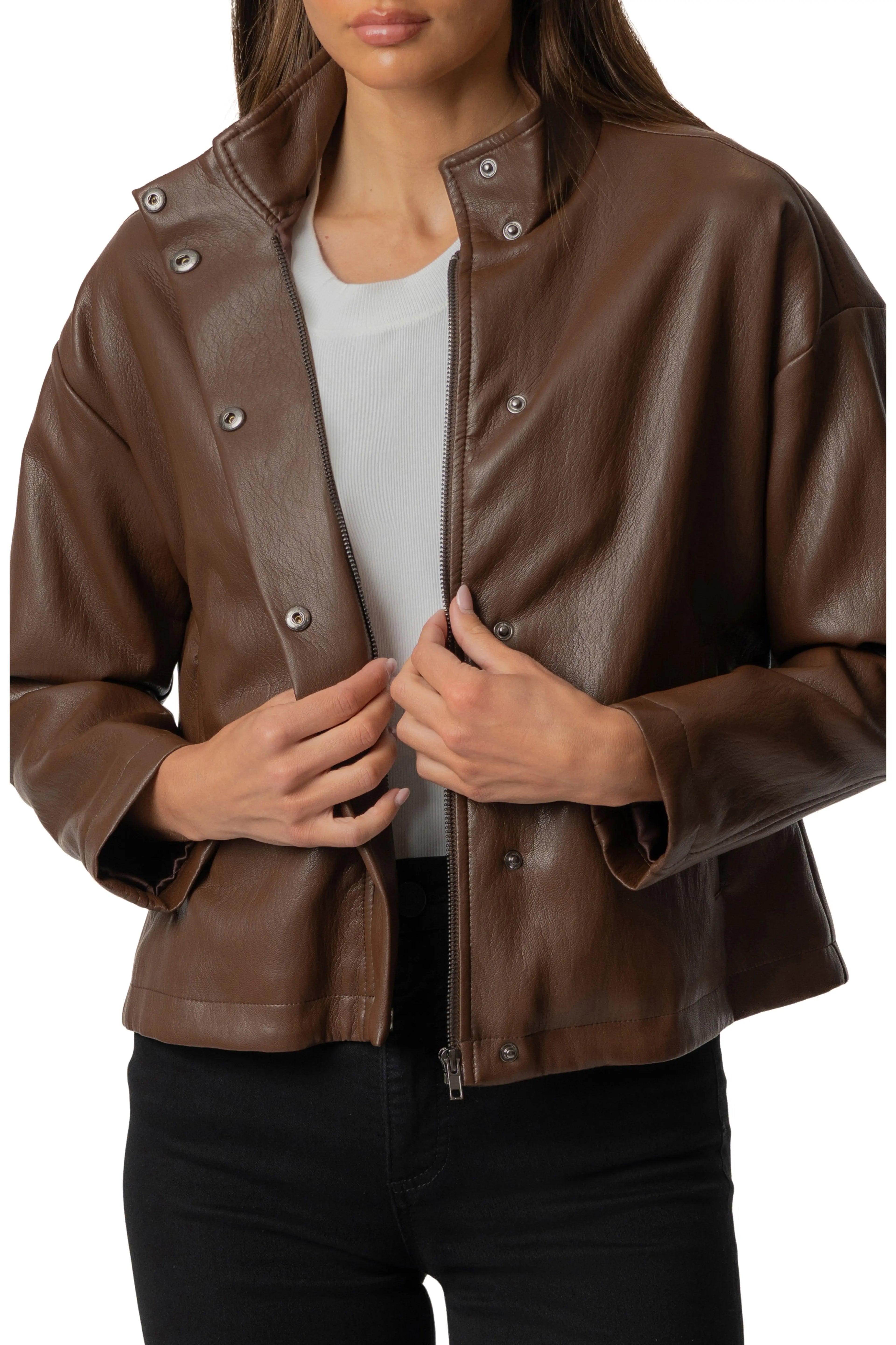 Wren Drop Shoulder PU Leather High Collar Jacket, Chocolate