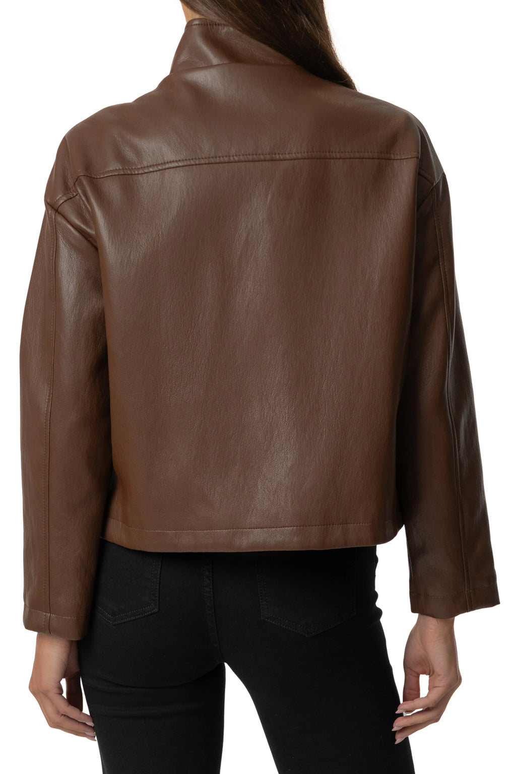Wren Drop Shoulder PU Leather High Collar Jacket, Chocolate