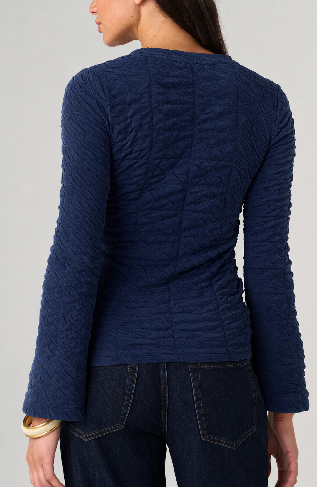 Long Flare Sleeve Crew Neck Knit Top, Navy