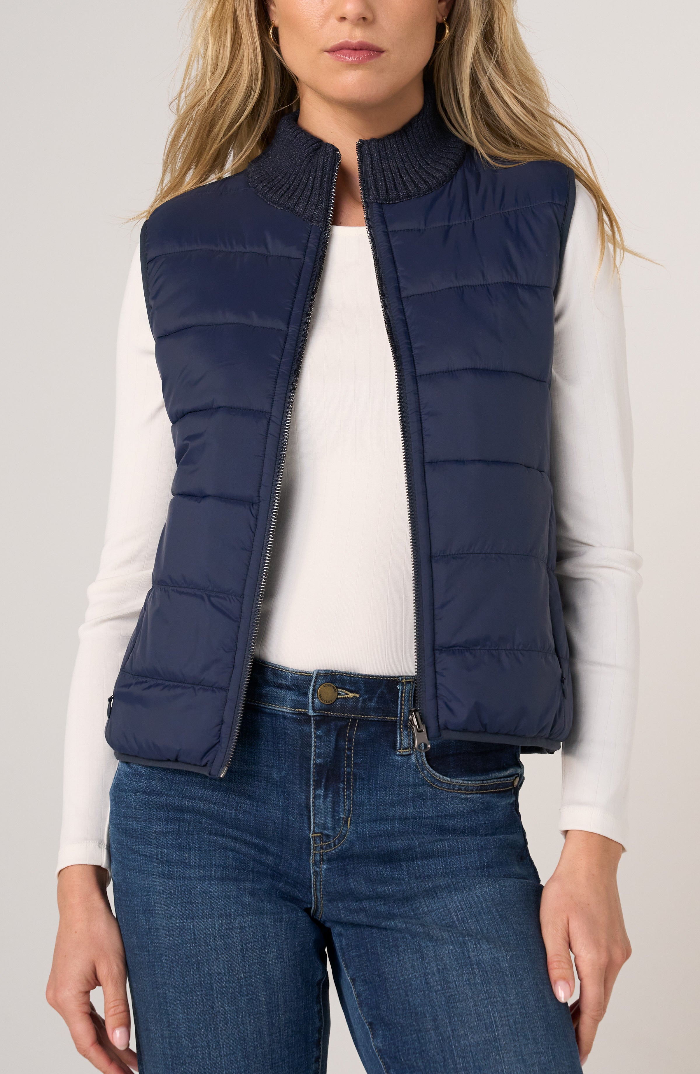 Sleeveless Reversible Zip Front Quilted Vest,  Heather Navy